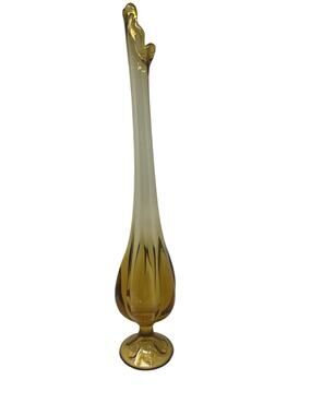 Vintage Mid Century Viking Glass Amber Swung Vase Six Petal Footed Stretch 17"